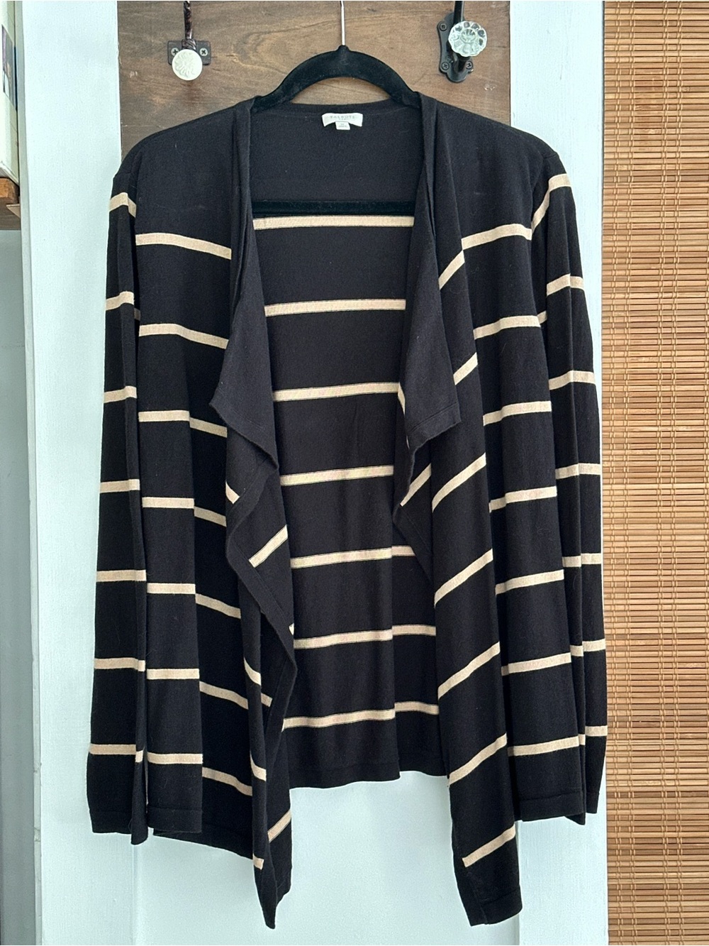 Talbots Black and Tan Striped Open-Front Waterfall Cardigan